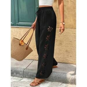 Frenchy Women's Vacation Casual Solid Color Hollow-Out Long Pants Winter B